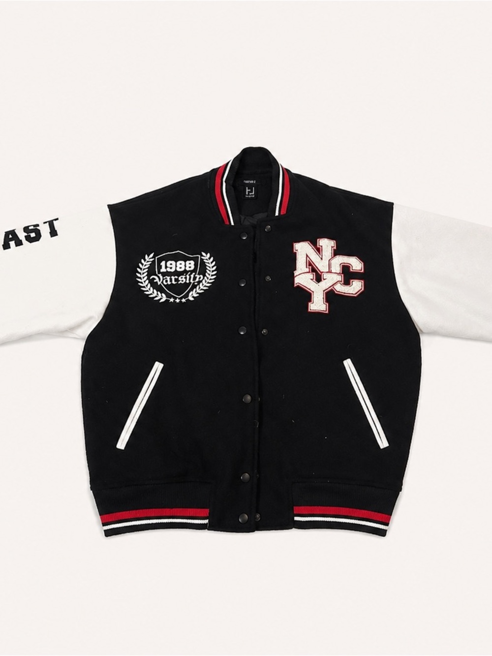 Forever 21 Black & White Varsity Jacket with Red Trim